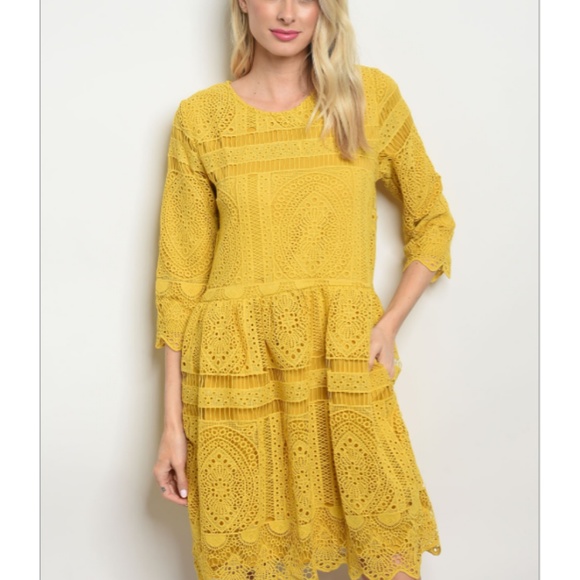 🌻Hidden Alley Mustard Eyelet Boho Low Waist Dress - Picture 2 of 7